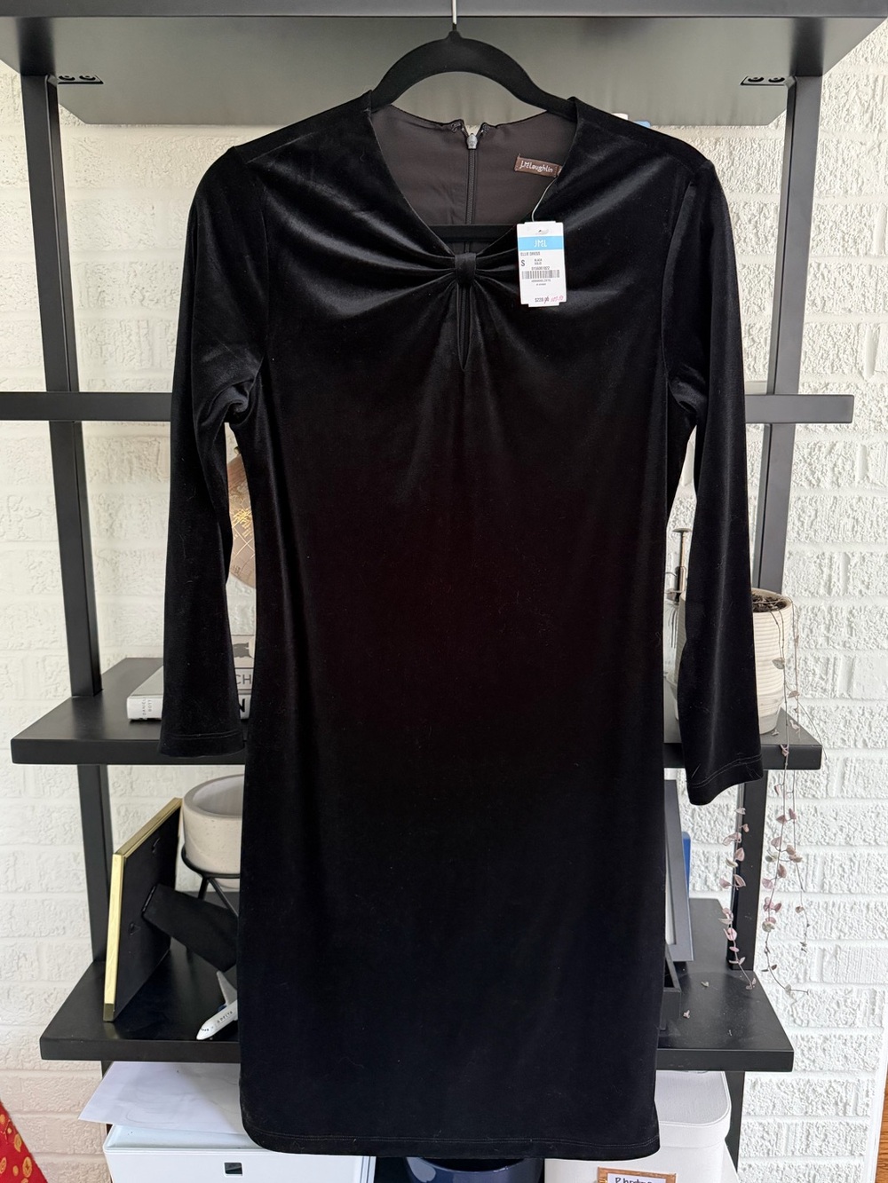J. McLaughlin Black Velvet Knot-Front Long Sleeve Dress